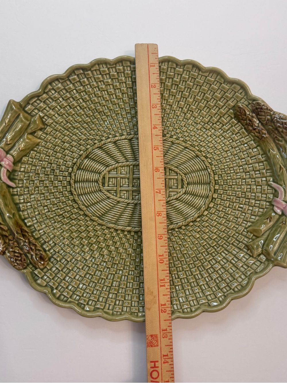 Vintage Bordallo Pinheiro Portugal Majolica Asparagus Basket weave 15” Platter - Picture 5 of 7
